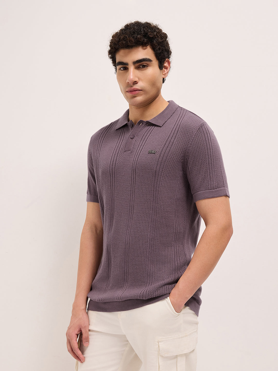 Men Purple Self Design Cotton T-Shirt