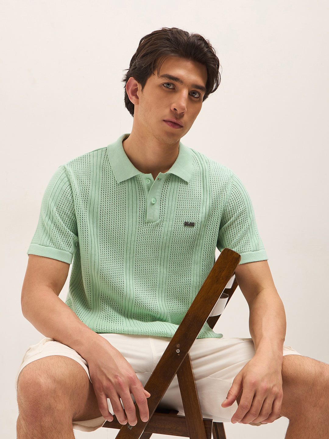 Men Green Self Design Cotton T-Shirt