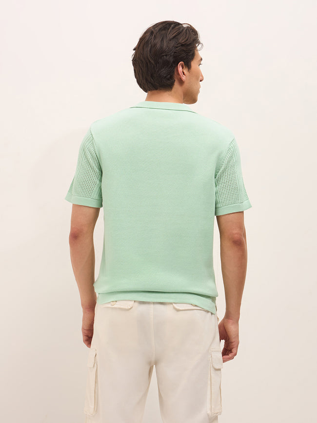 Men Green Self Design Cotton T-Shirt