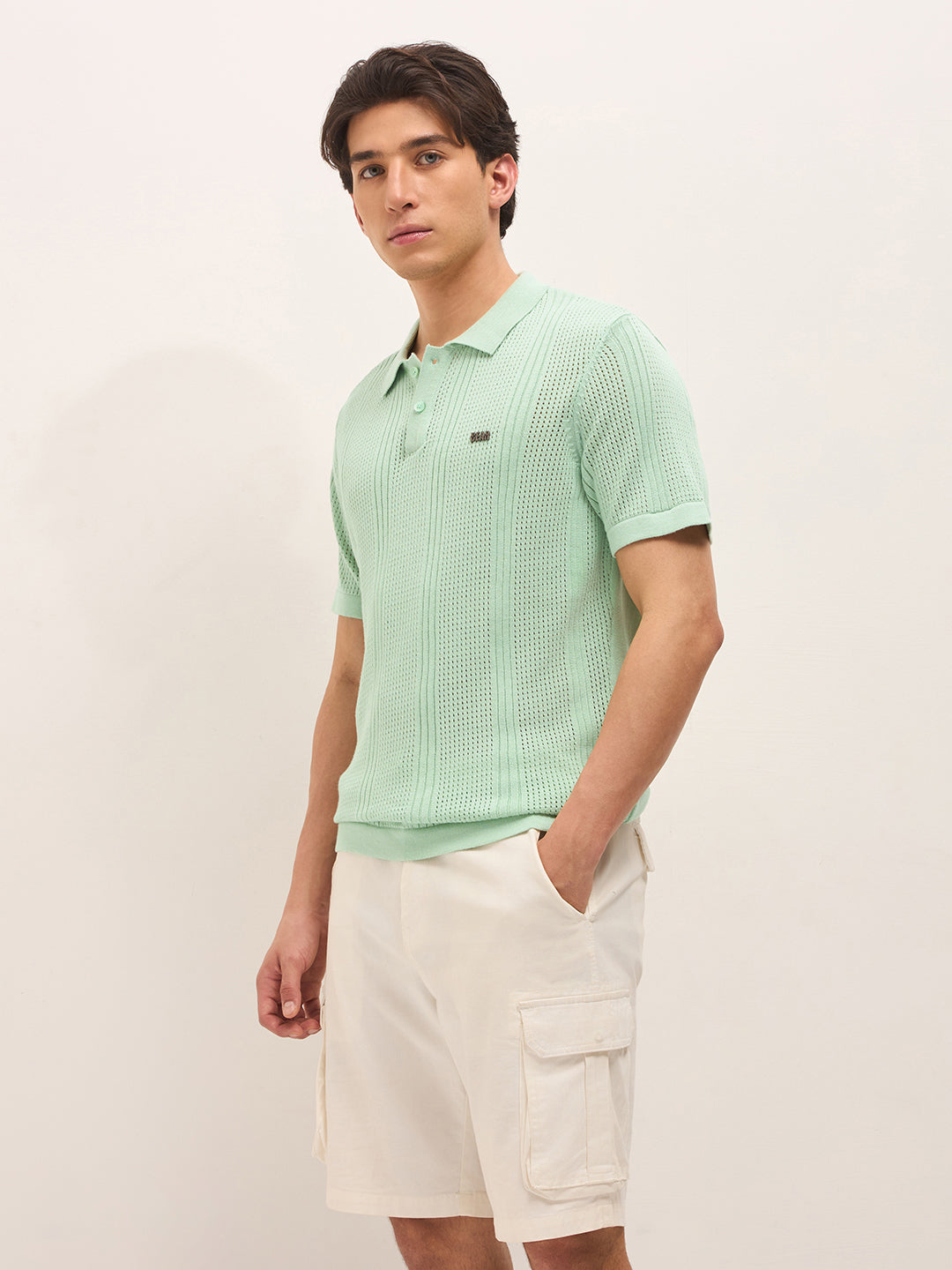 Men Green Self Design Cotton T-Shirt