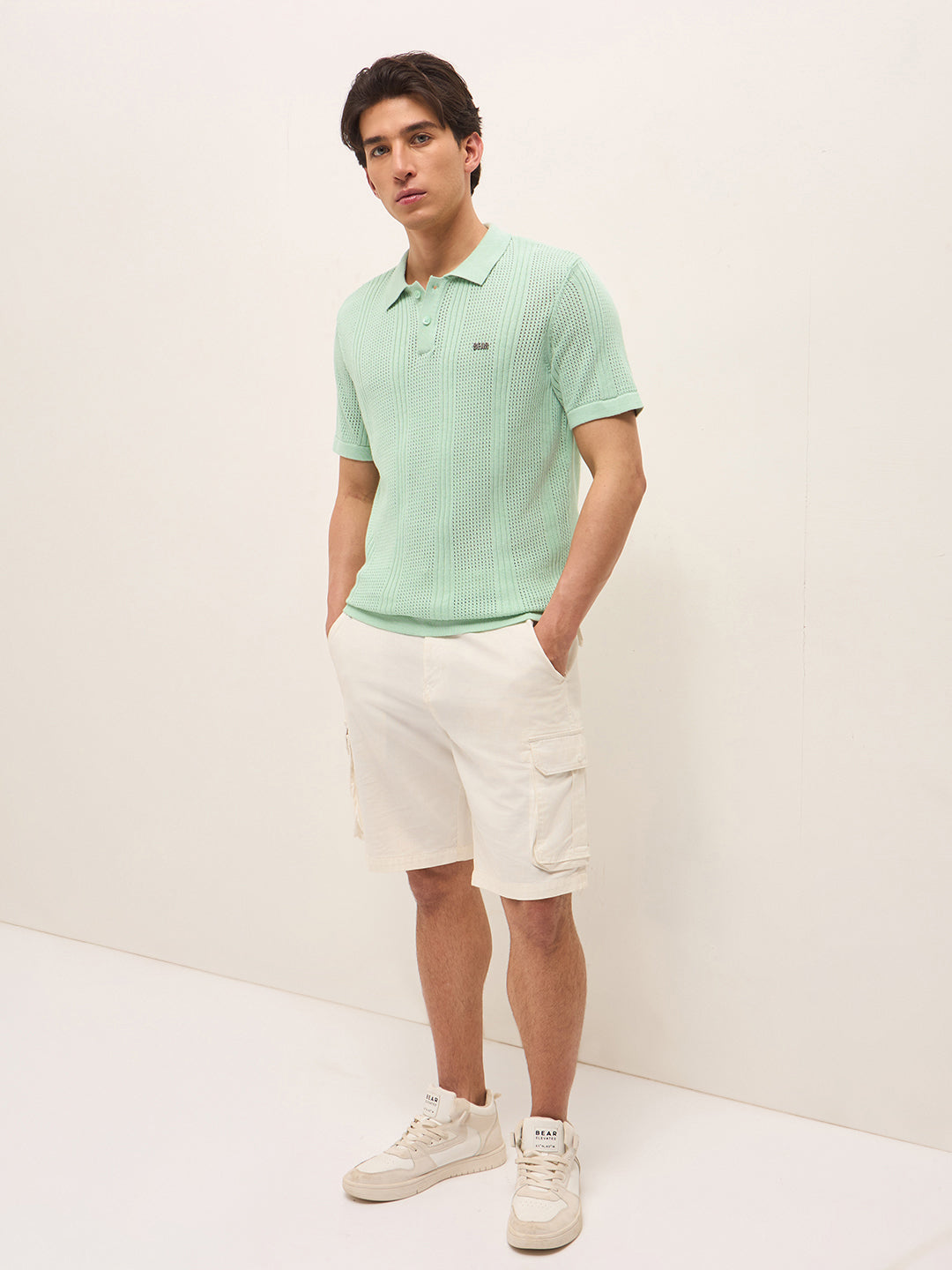 Men Green Self Design Cotton T-Shirt