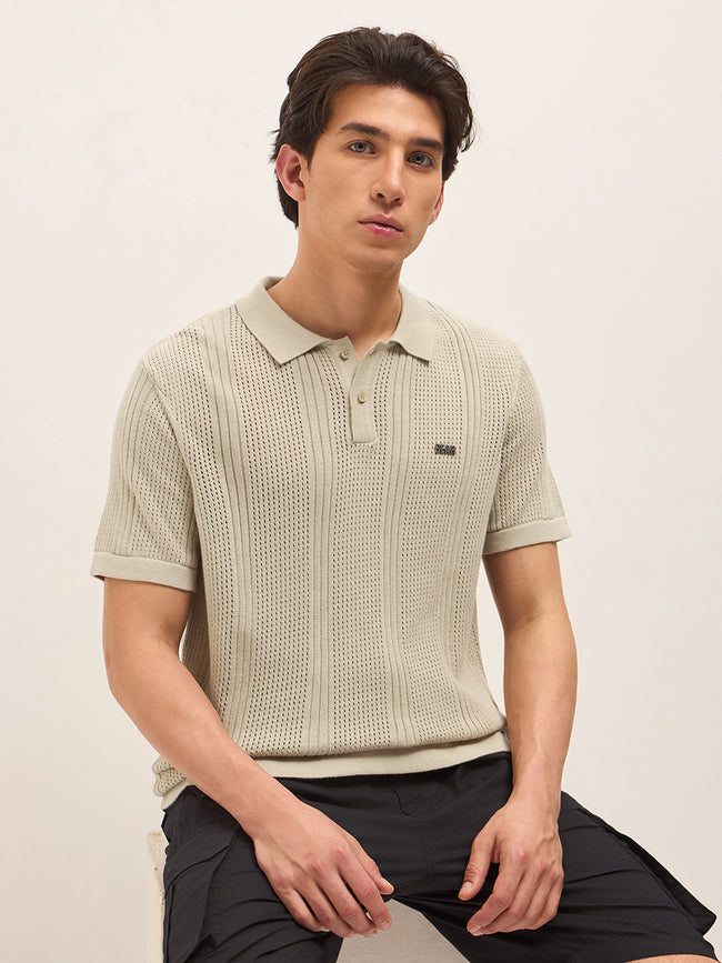 Men Beige Self Design Cotton T-Shirt