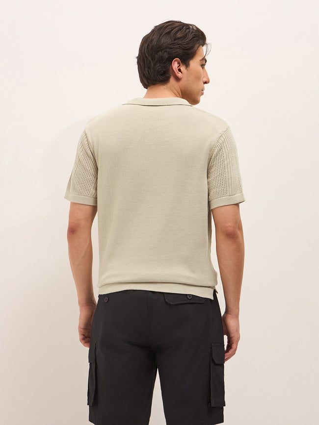 Men Beige Self Design Cotton T-Shirt