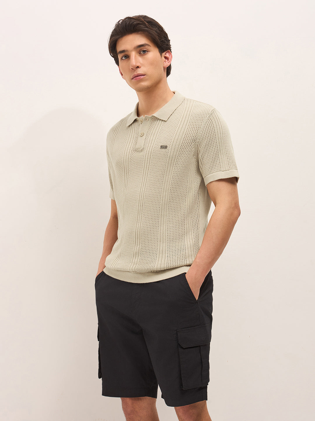 Men Beige Self Design Cotton T-Shirt