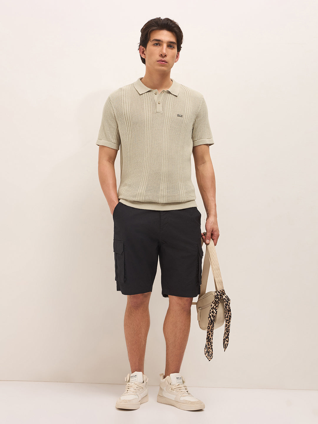Men Beige Self Design Cotton T-Shirt