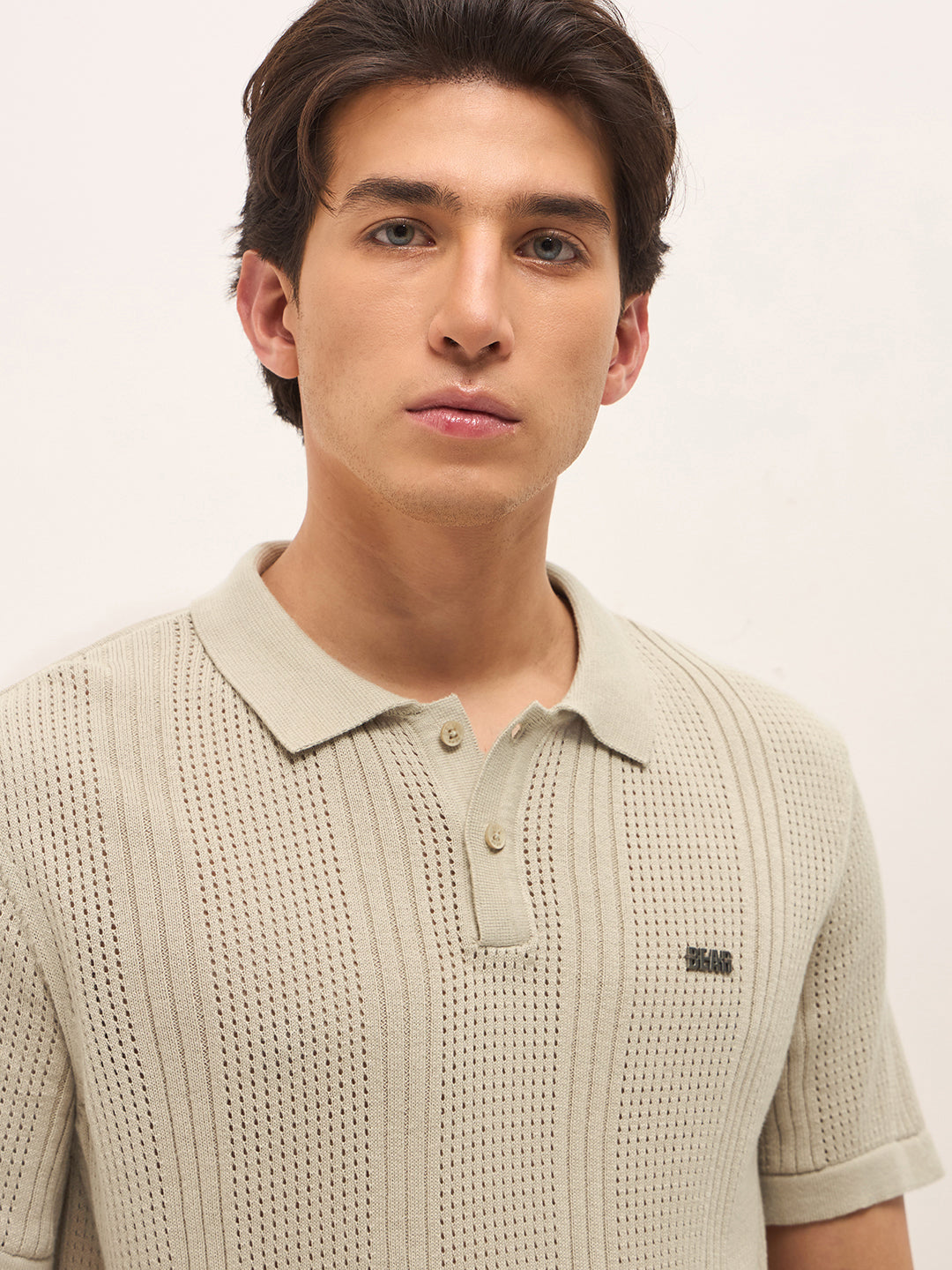 Men Beige Self Design Cotton T-Shirt