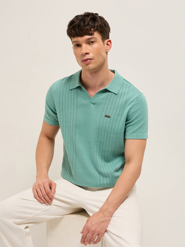 Men Green Self Design Cotton Polo