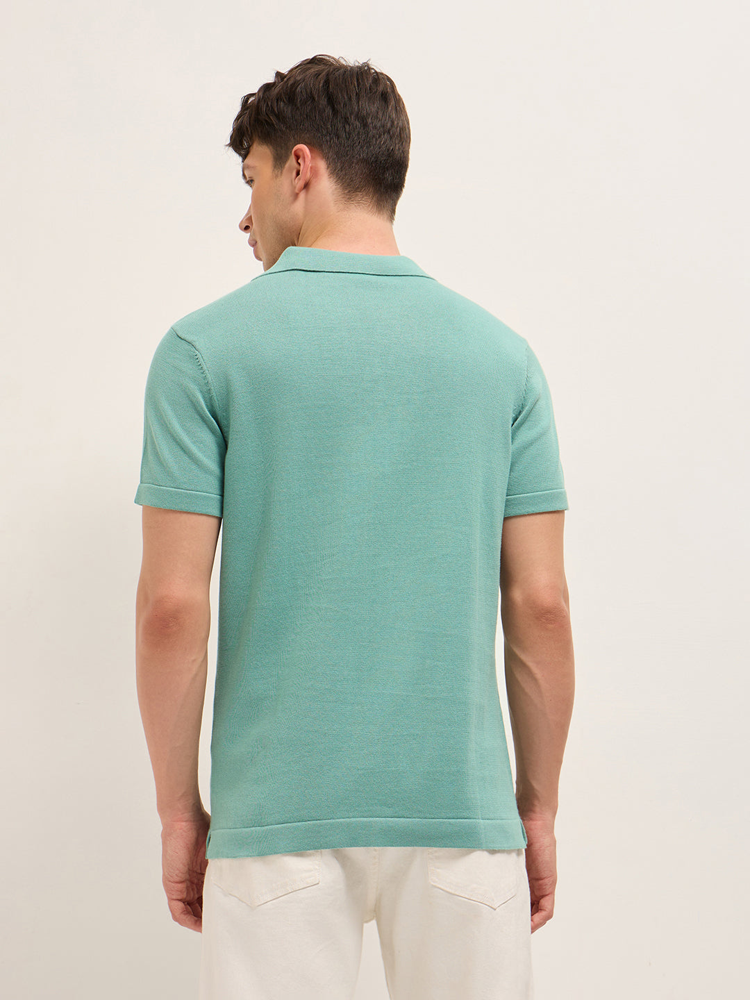Men Green Self Design Cotton Polo