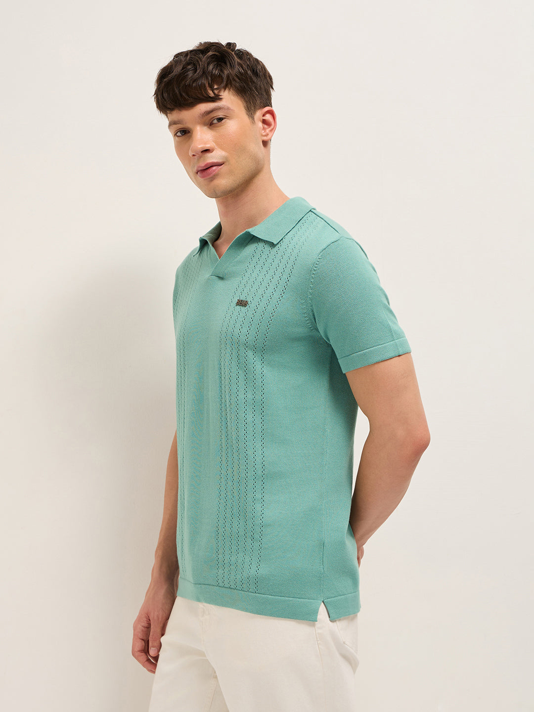 Men Green Self Design Cotton Polo