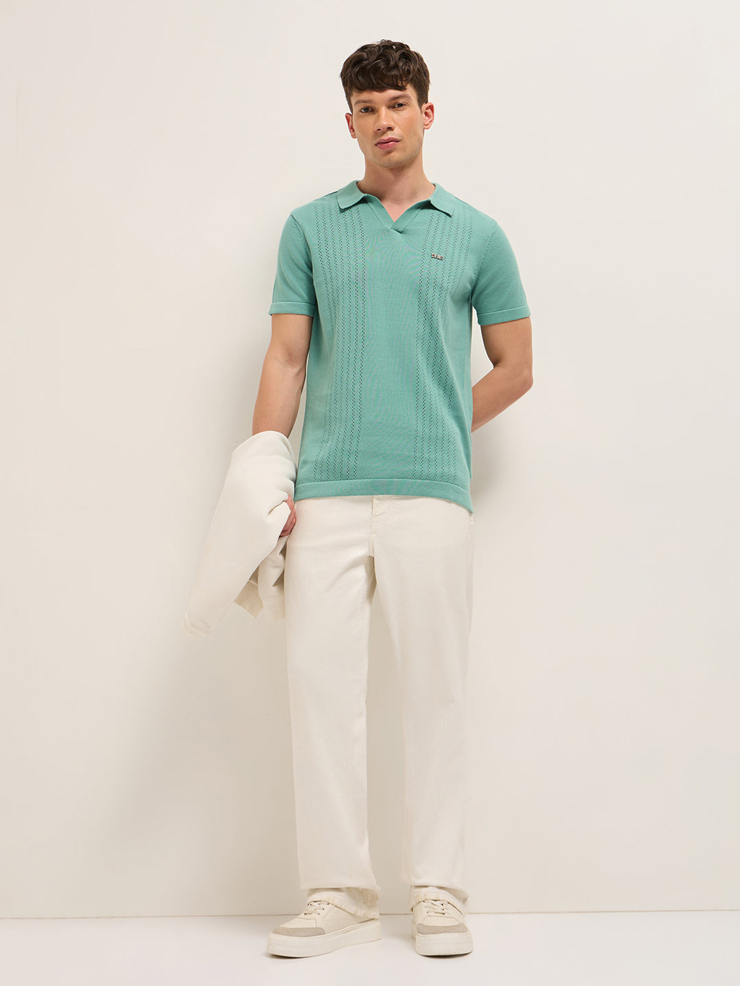 Men Green Self Design Cotton Polo