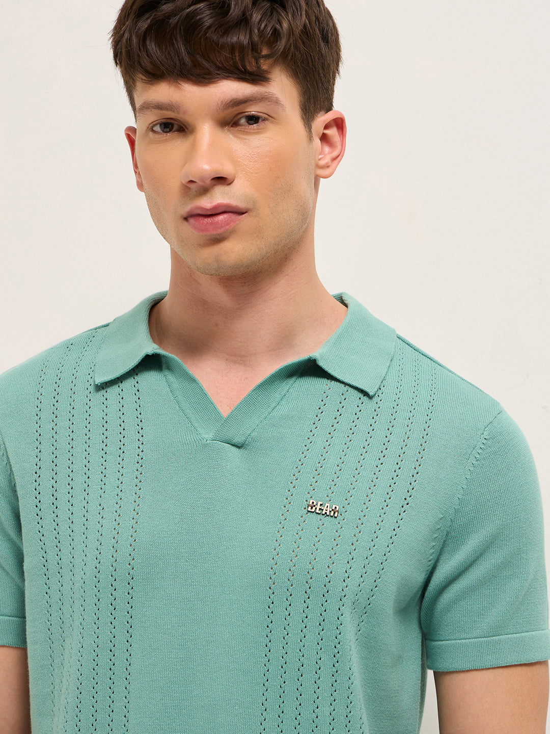 Men Green Self Design Cotton Polo