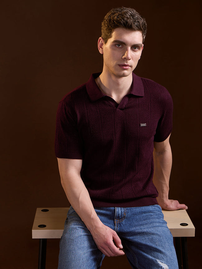 Men Maroon Perforated Texture Design Slim Fit Polo