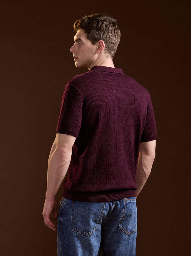 Men Maroon Perforated Texture Design Slim Fit Polo