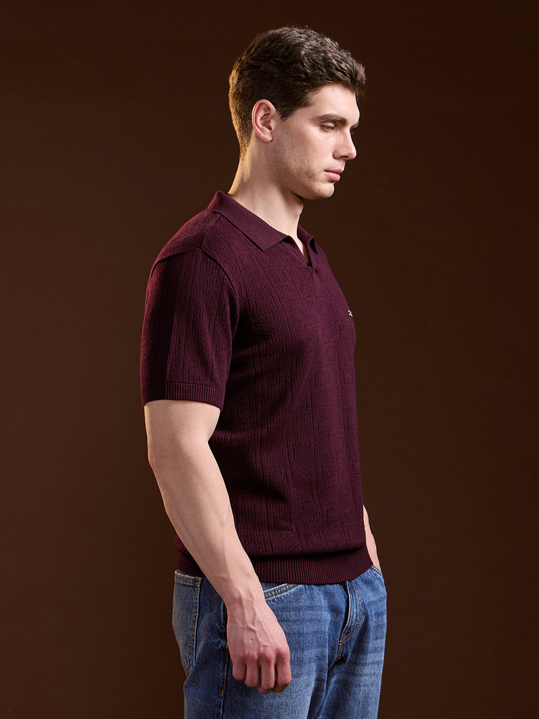 Men Maroon Perforated Texture Design Slim Fit Polo