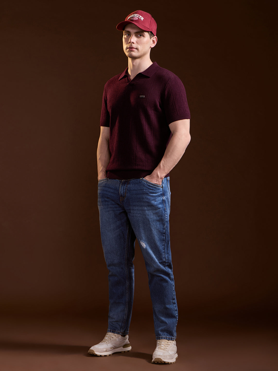 Men Maroon Perforated Texture Design Slim Fit Polo