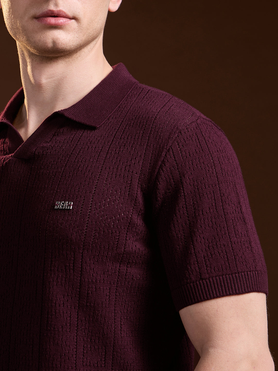 Men Maroon Perforated Texture Design Slim Fit Polo