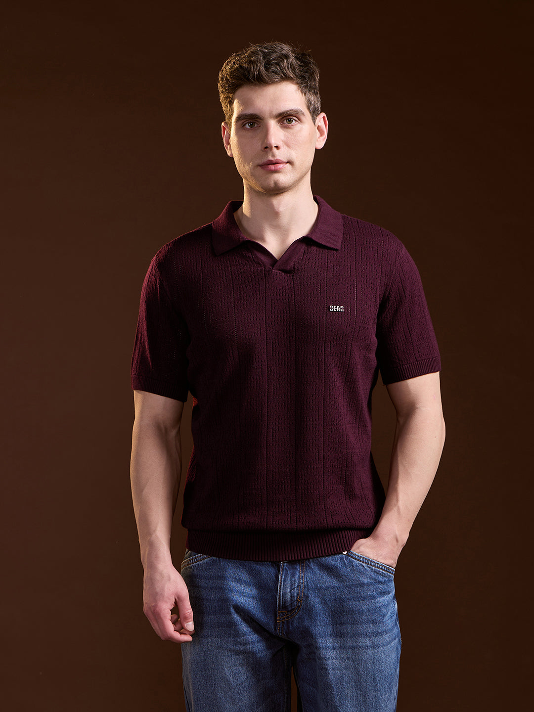 Men Maroon Perforated Texture Design Slim Fit Polo