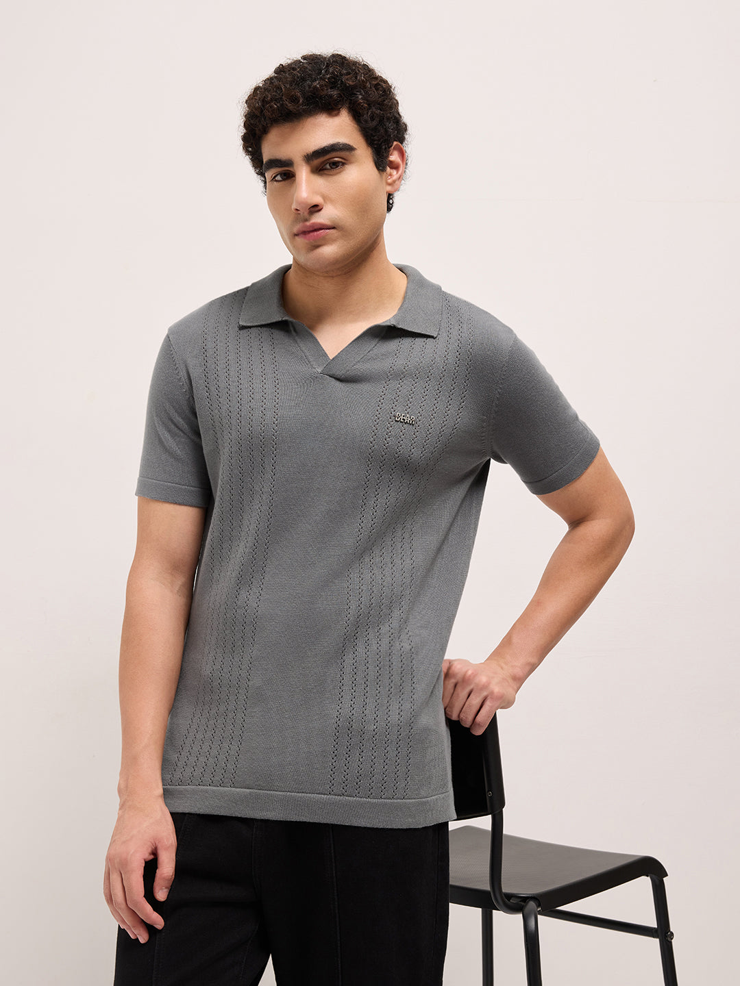 Men Grey Self Design Cotton T-Shirt