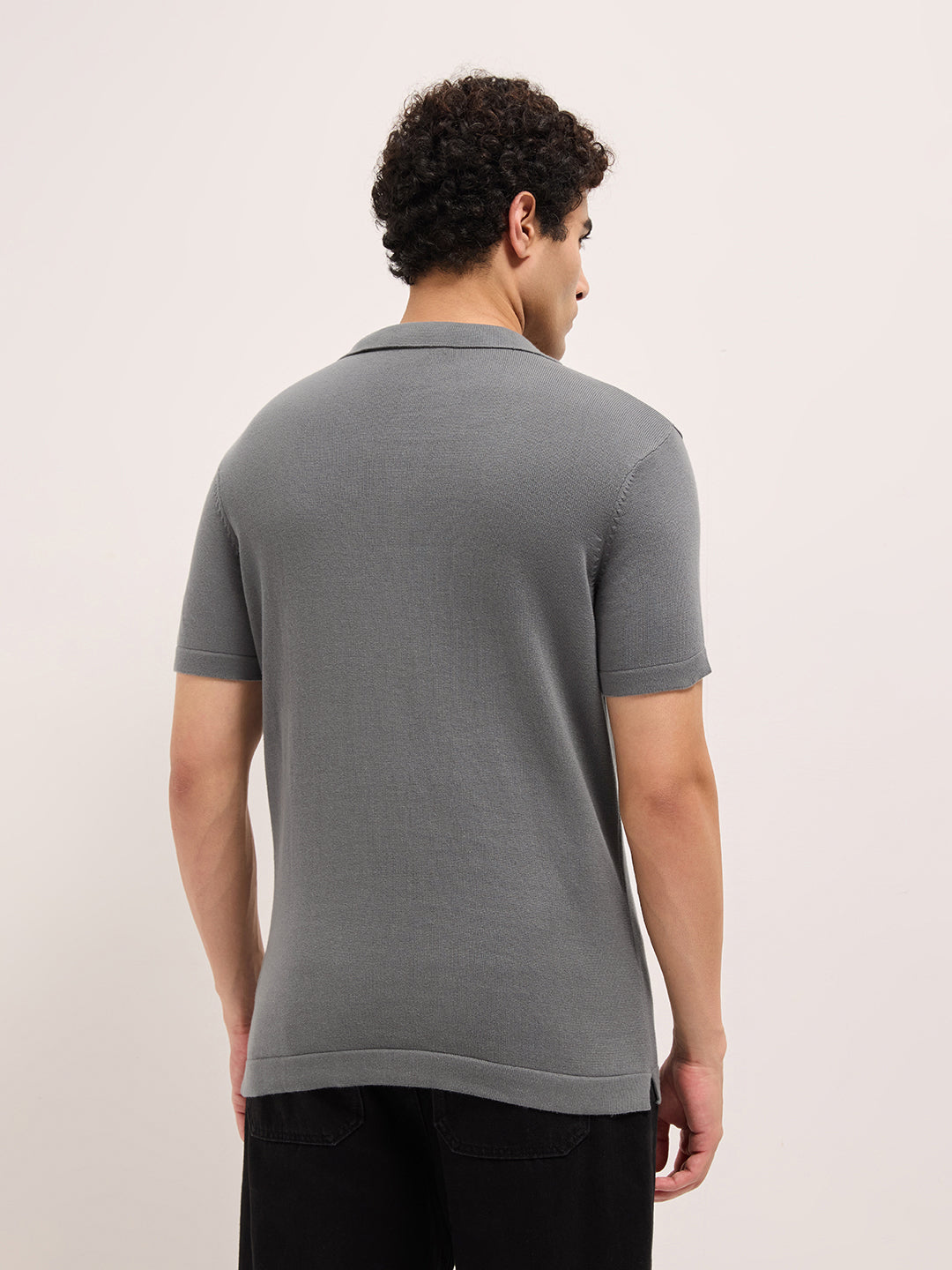 Men Grey Self Design Cotton T-Shirt