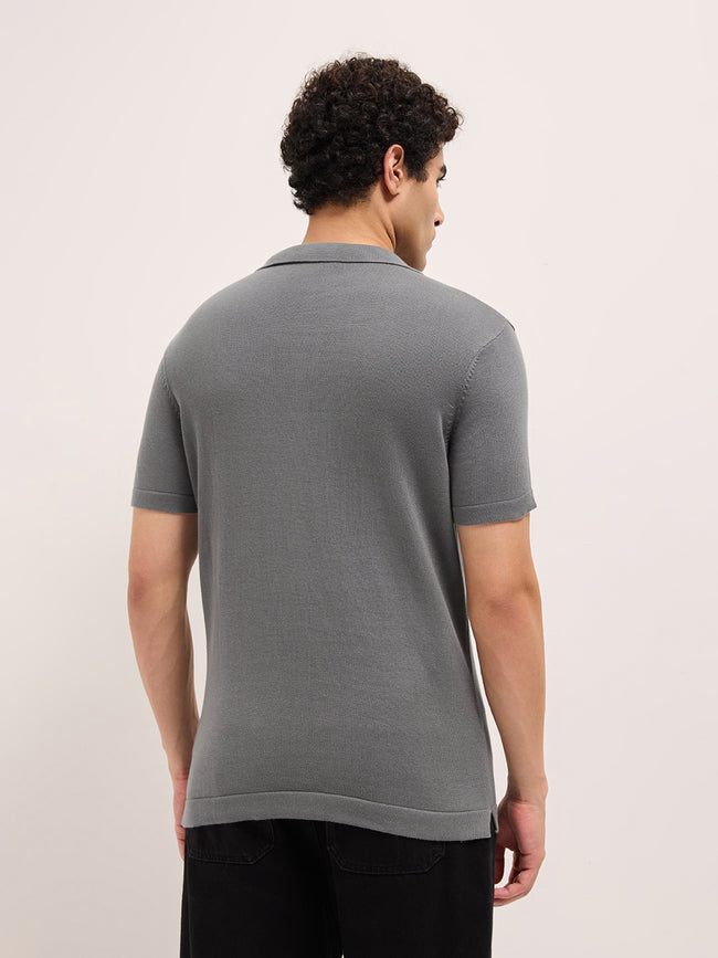 Men Grey Self Design Cotton T-Shirt
