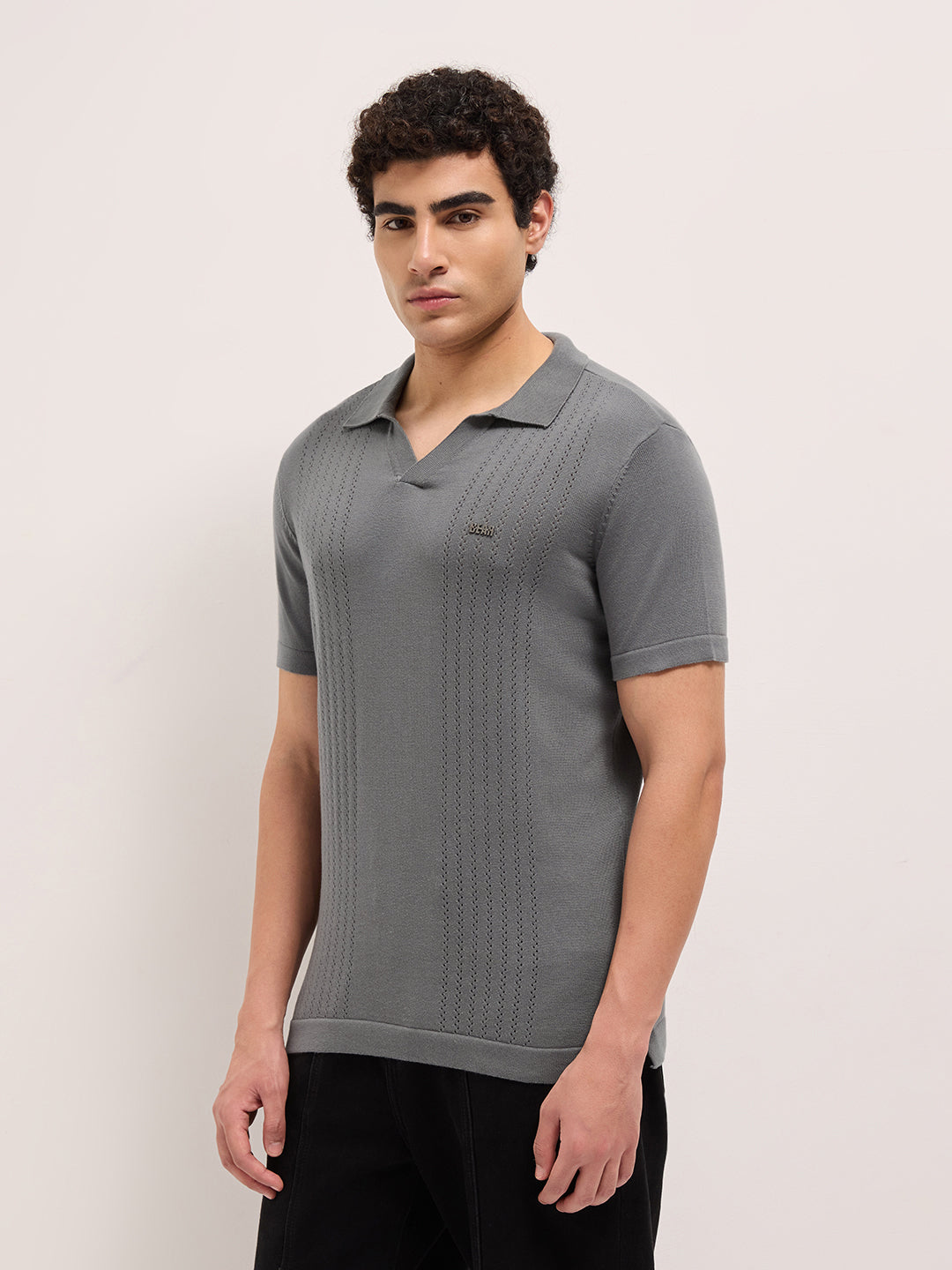 Men Grey Self Design Cotton T-Shirt