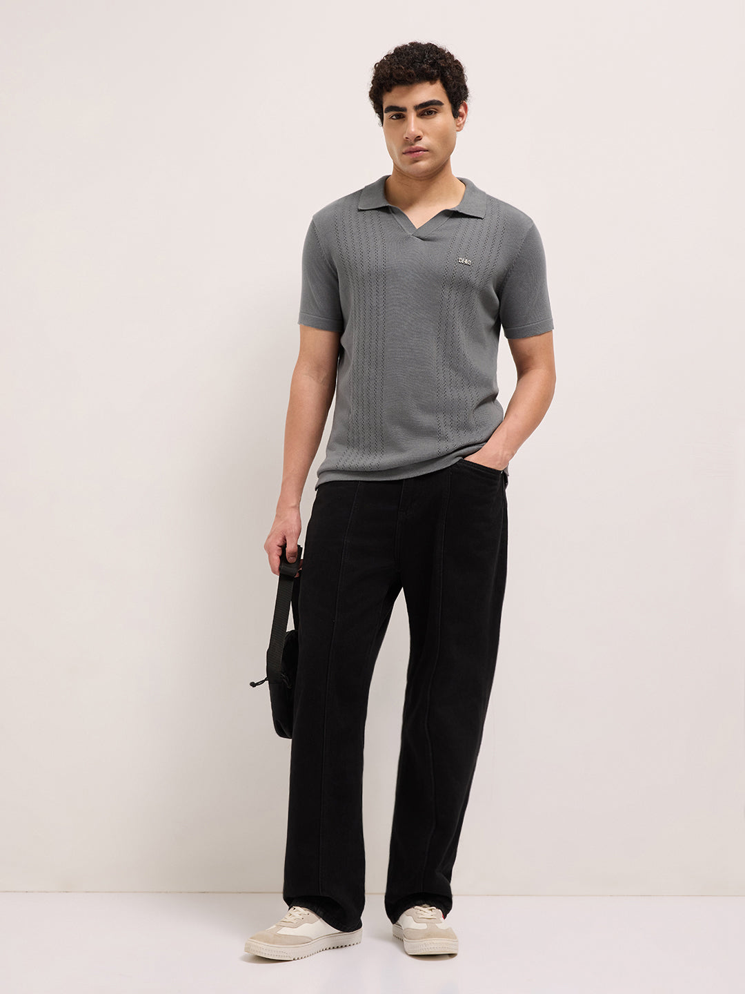 Men Grey Self Design Cotton T-Shirt