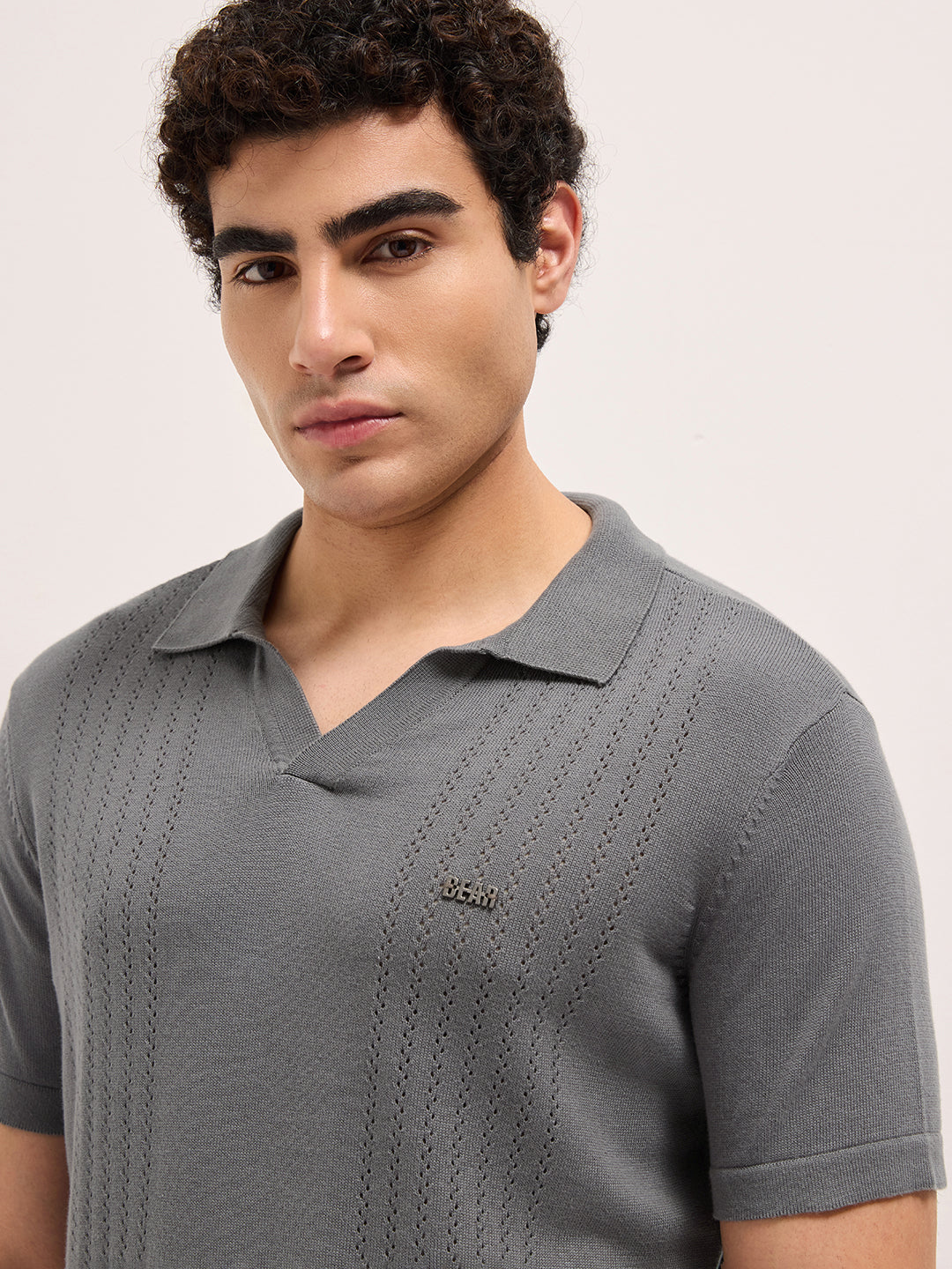 Men Grey Self Design Cotton T-Shirt
