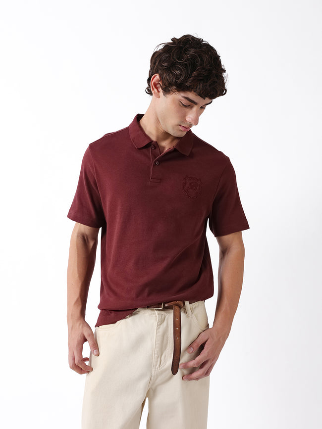 Men Maroon Solid Cotton Polo T-Shirt