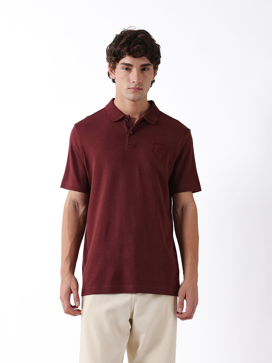 Men Maroon Solid Cotton Polo T-Shirt