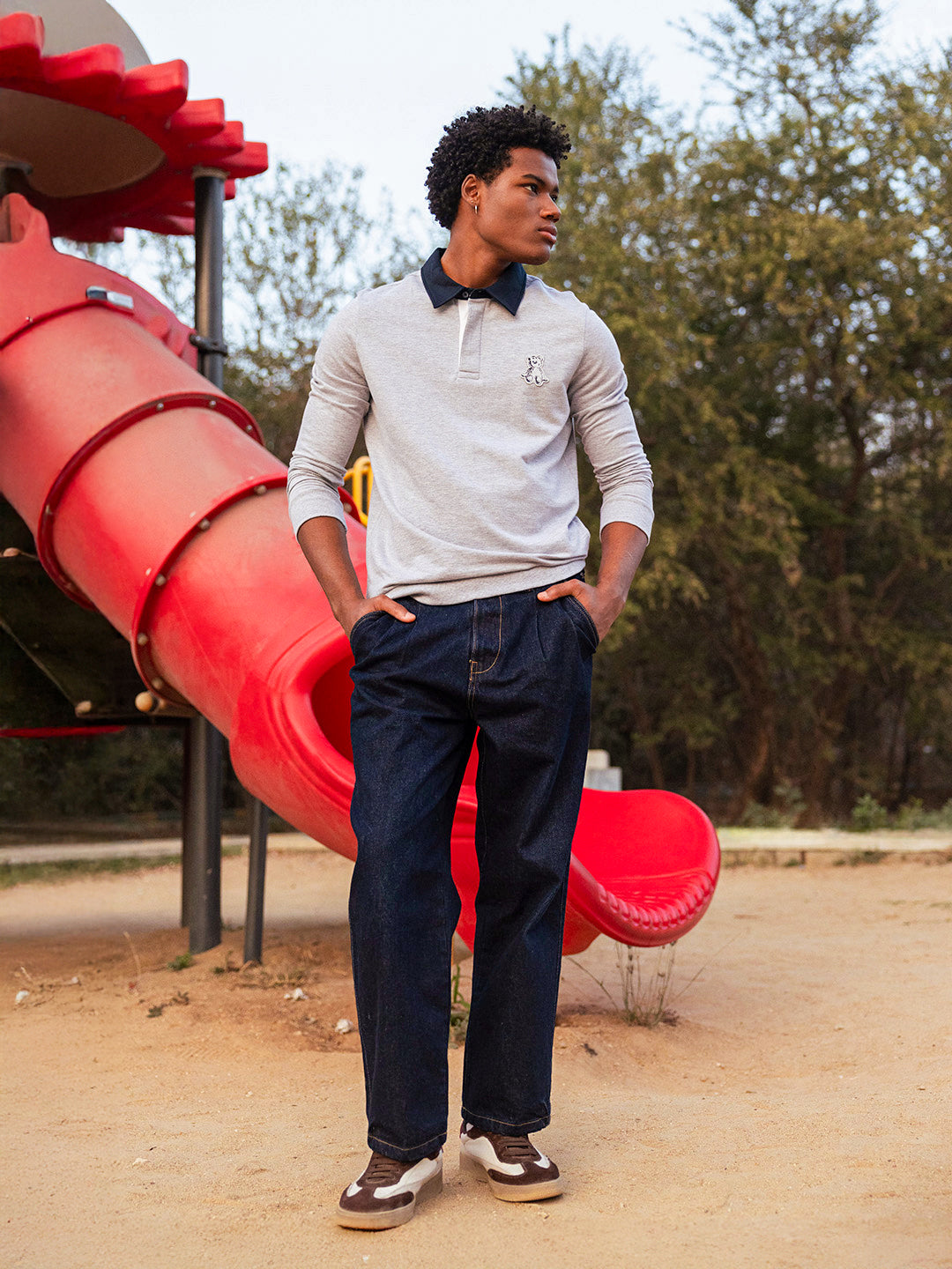 Men Grey Solid Cotton Polo T-Shirt