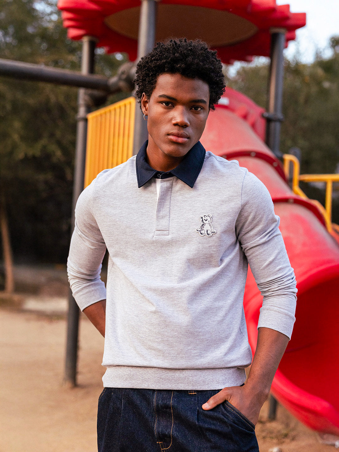 Men Grey Solid Cotton Polo T-Shirt