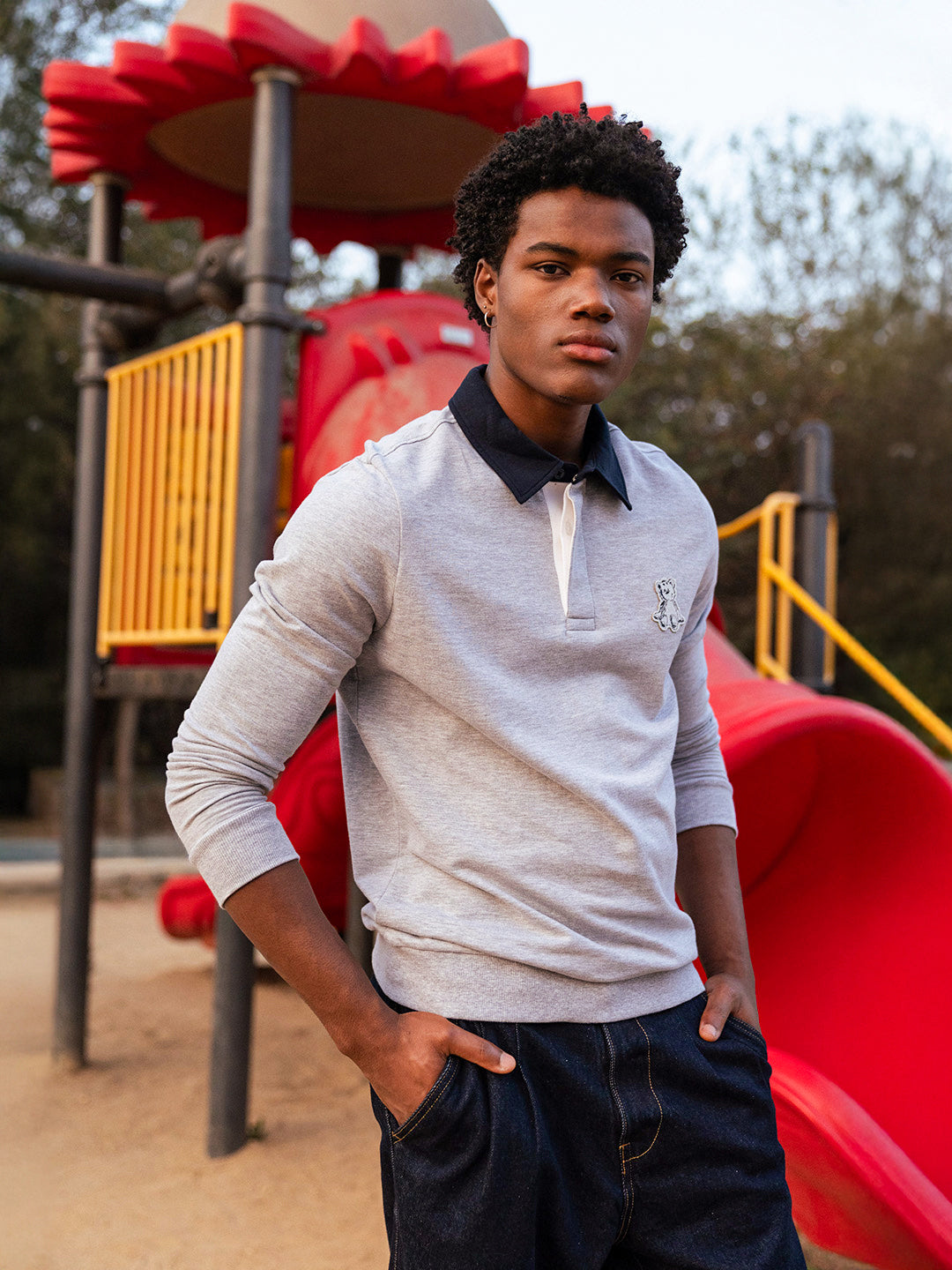 Men Grey Solid Cotton Polo T-Shirt