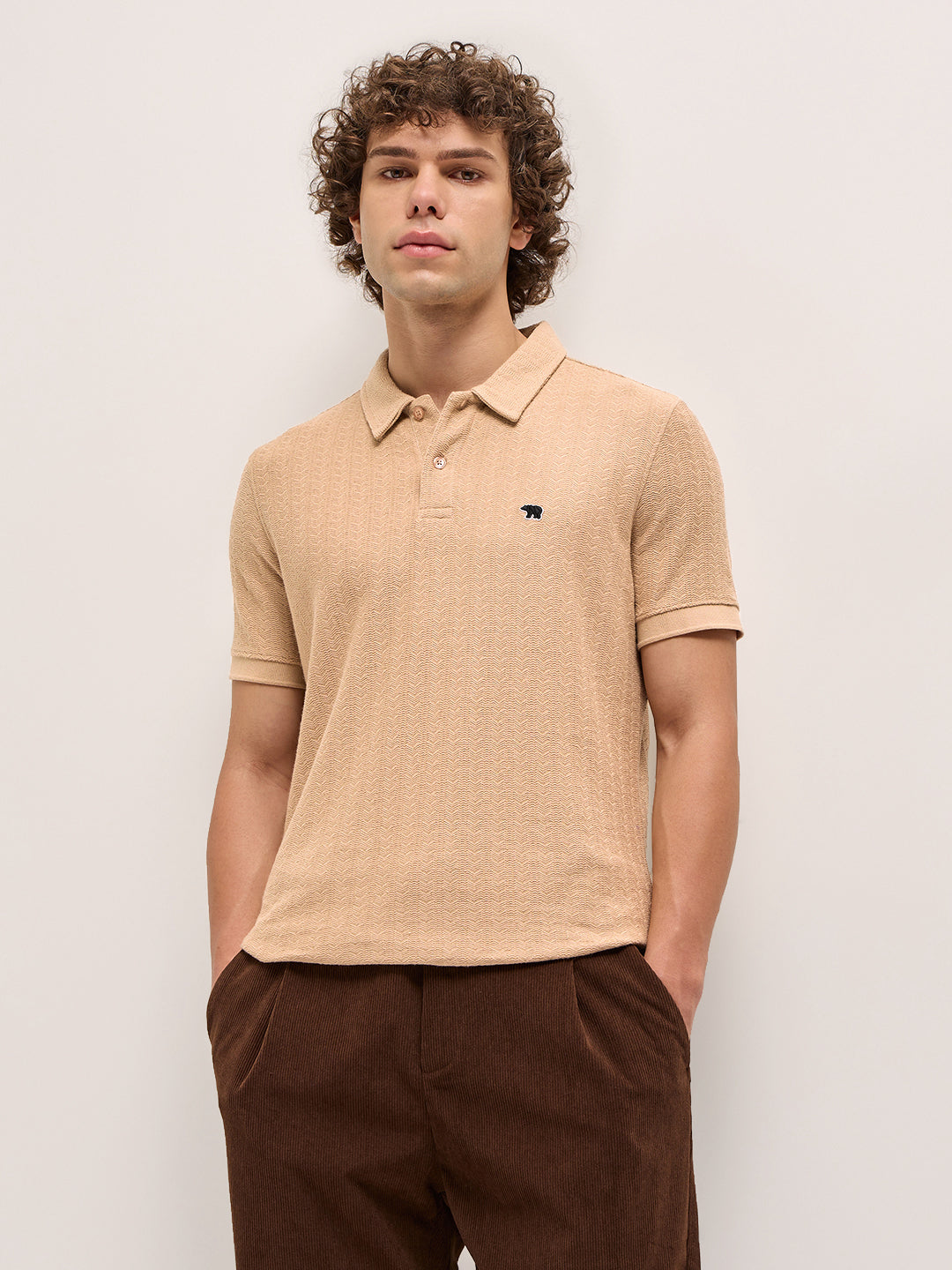 Men Beige Geometric Textured Design Regular Fit Polo
