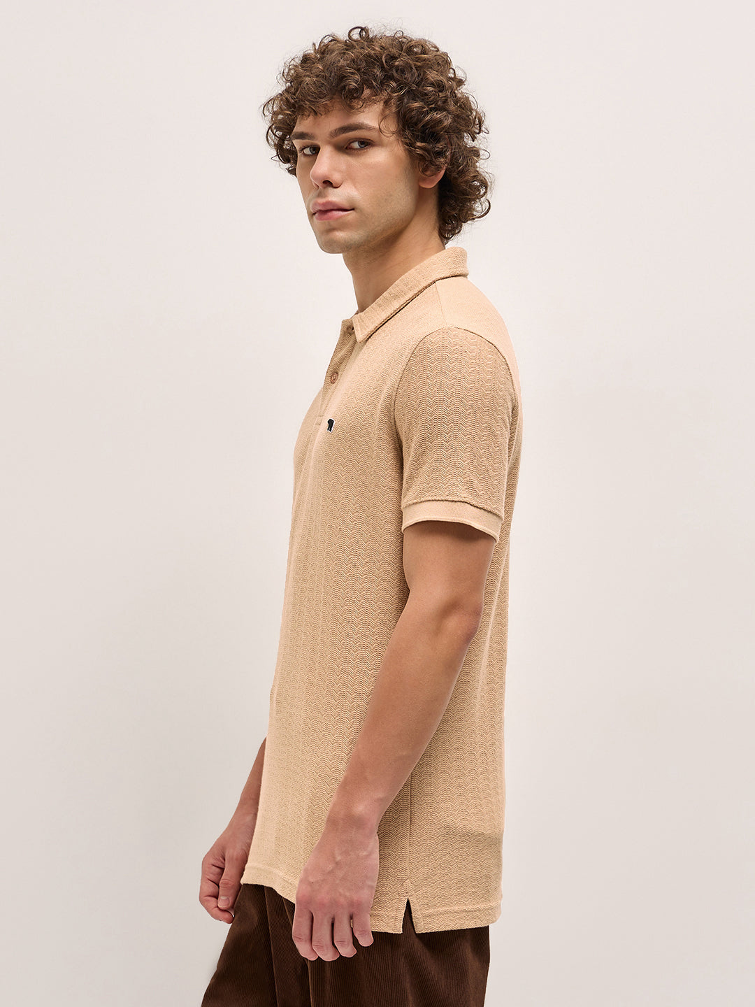 Men Beige Geometric Textured Design Regular Fit Polo