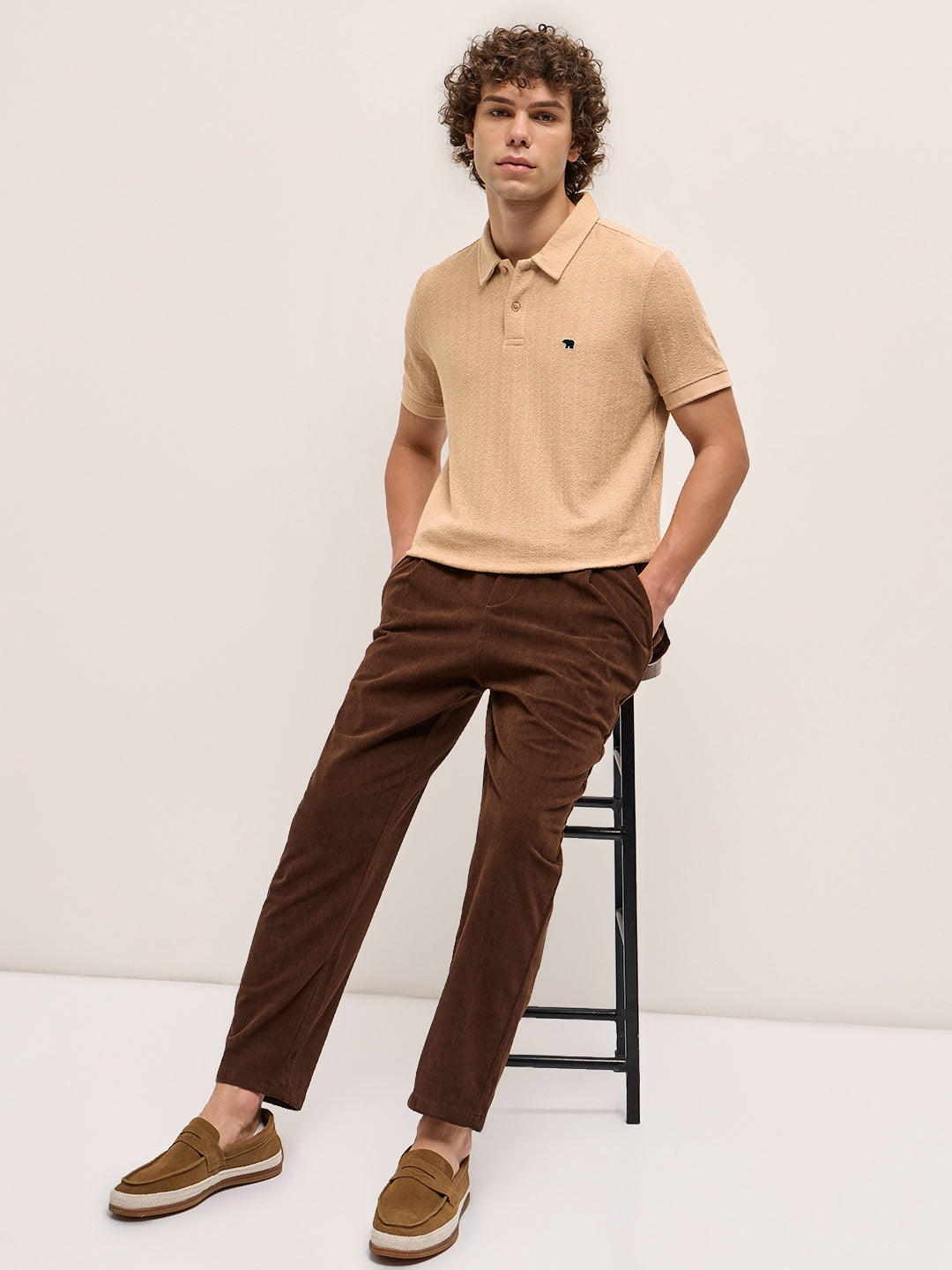 Men Beige Geometric Textured Design Regular Fit Polo