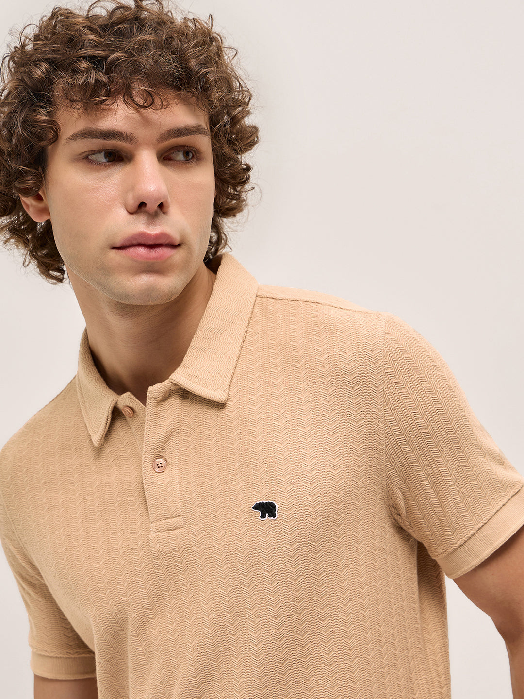 Men Beige Geometric Textured Design Regular Fit Polo