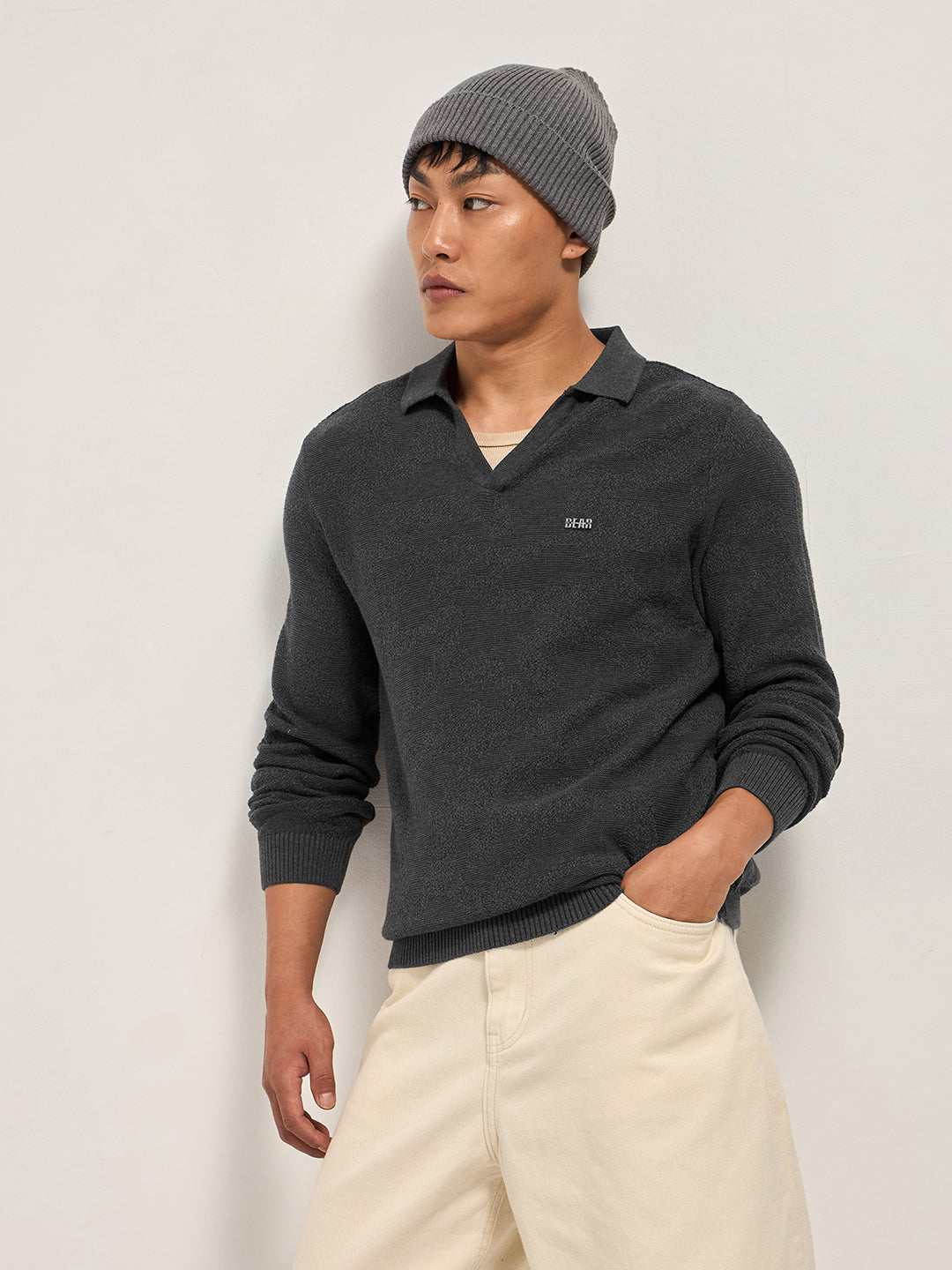 Men Grey Textured Knit Regular Fit Polo
