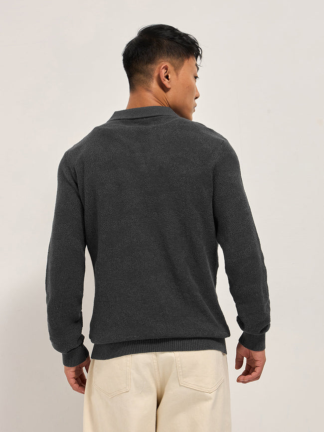 Men Grey Textured Knit Regular Fit Polo