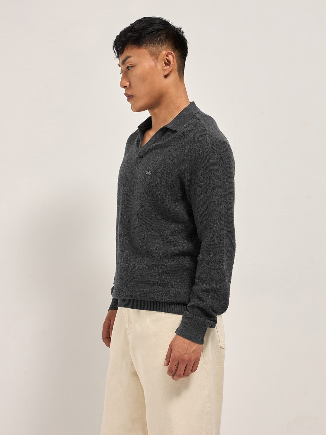 Men Grey Textured Knit Regular Fit Polo