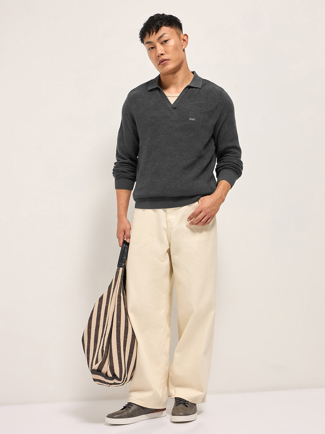 Men Grey Textured Knit Regular Fit Polo