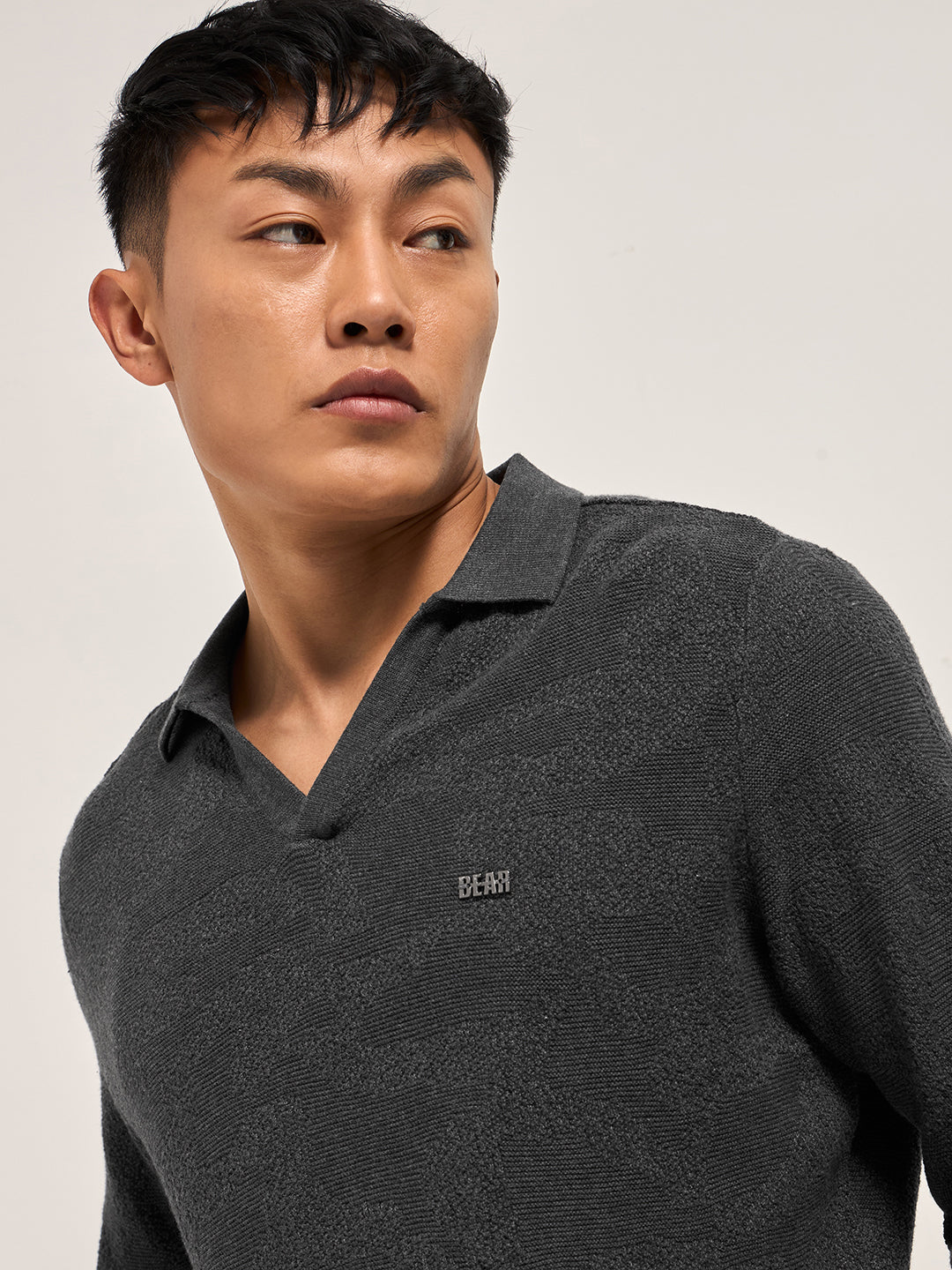 Men Grey Textured Knit Regular Fit Polo