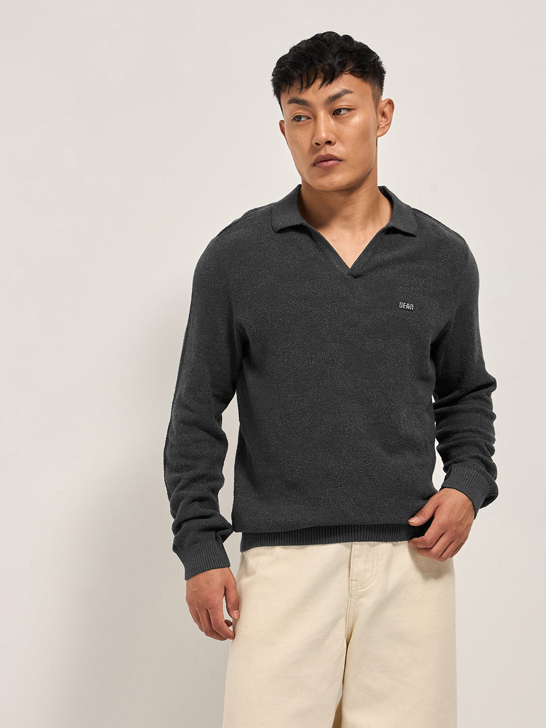 Men Grey Textured Knit Regular Fit Polo
