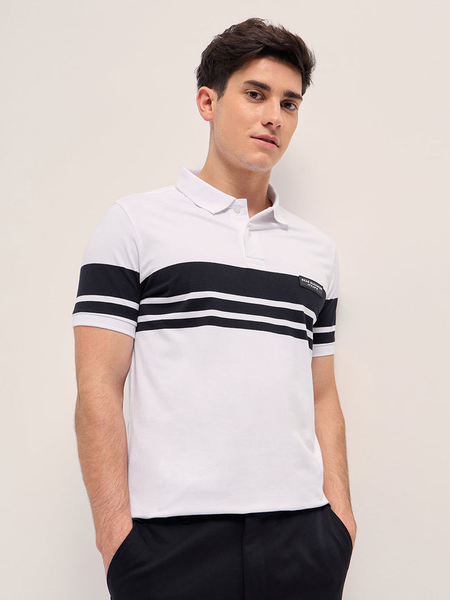 Men WhiteBlack Stripes Regular Fit Polo T-shirt