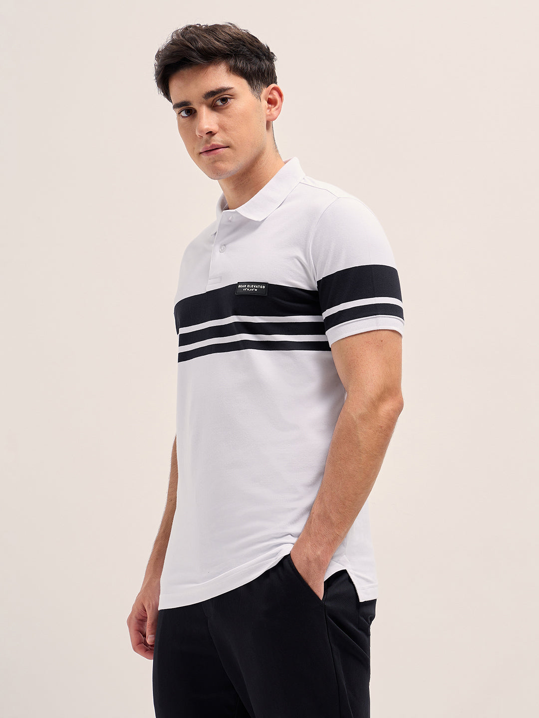 Men WhiteBlack Stripes Regular Fit Polo T-shirt