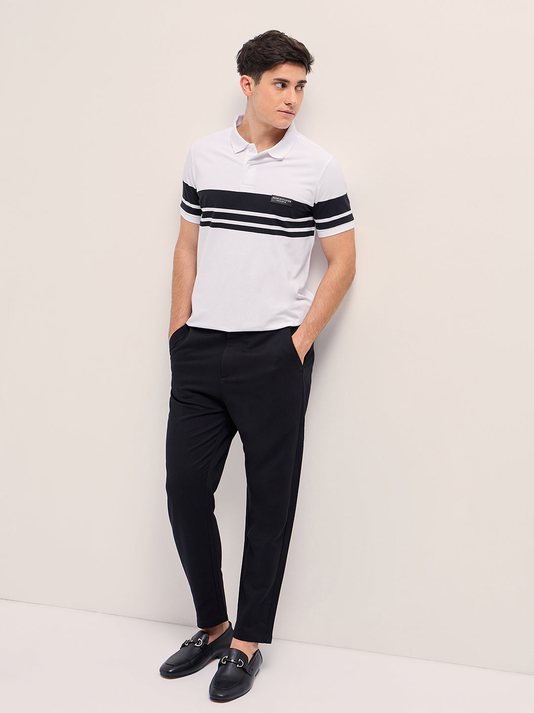 Men WhiteBlack Stripes Regular Fit Polo T-shirt