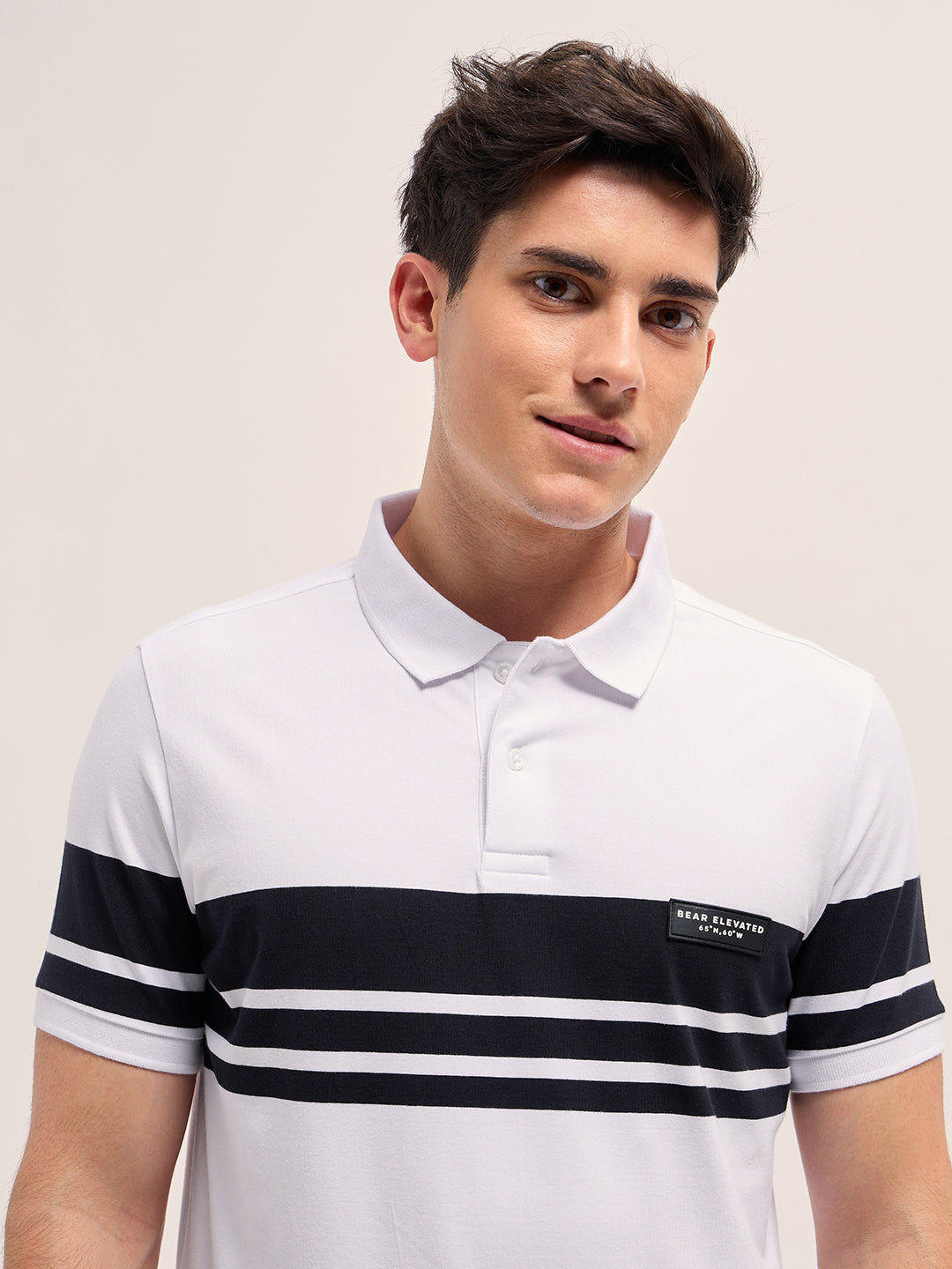 Men WhiteBlack Stripes Regular Fit Polo T-shirt