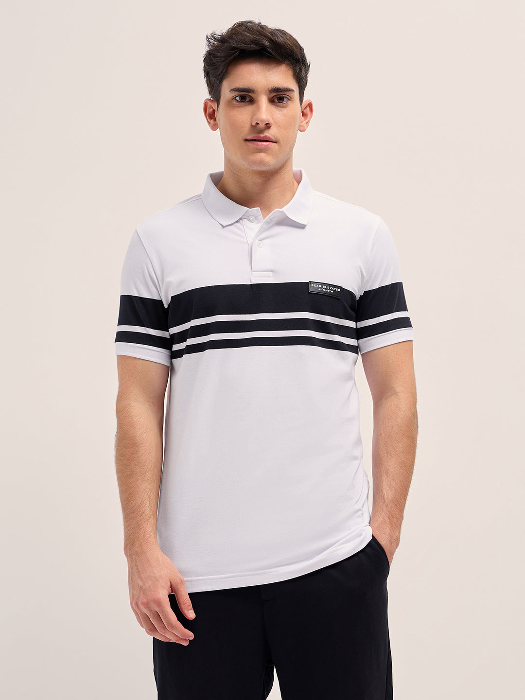 Men WhiteBlack Stripes Regular Fit Polo T-shirt