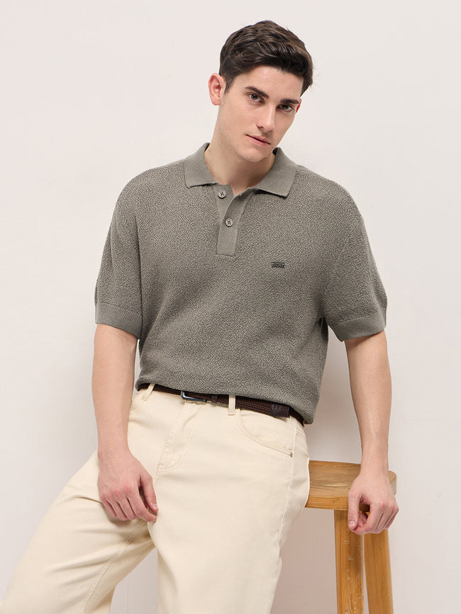 Men Brown Solid Texture Knit Design Regular Fit Polo
