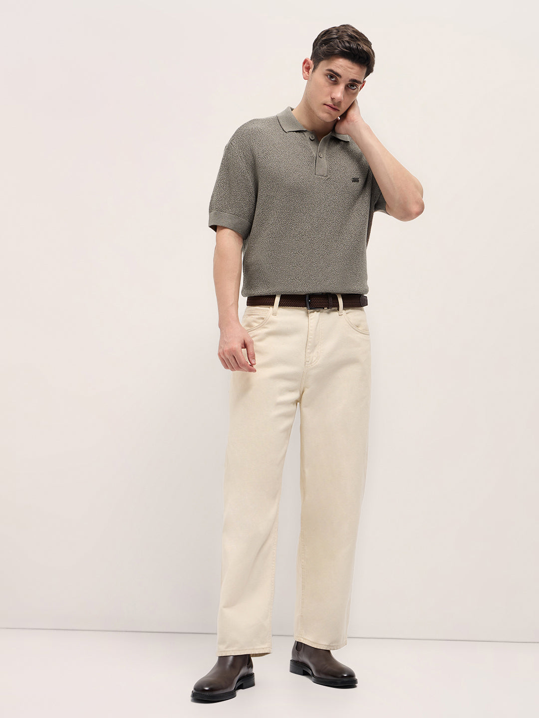 Men Brown Solid Texture Knit Design Regular Fit Polo