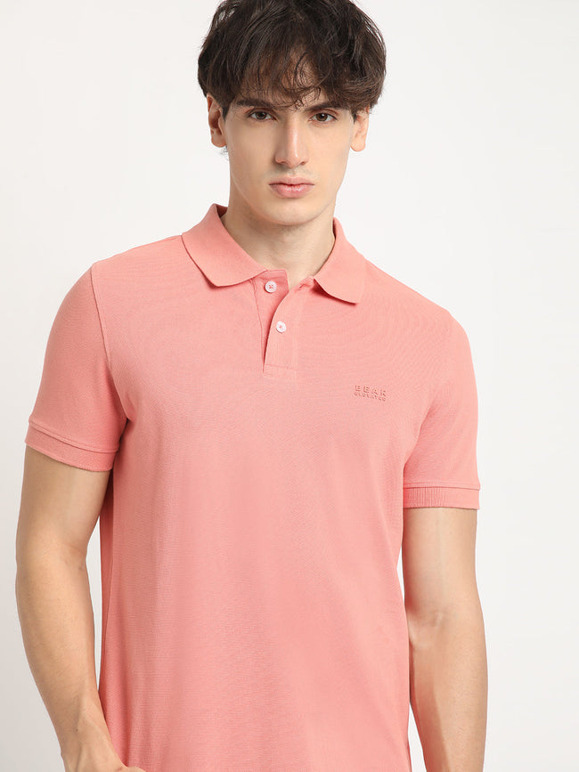 Men Peach Solid Slim Fit Polo Collar T-shirt